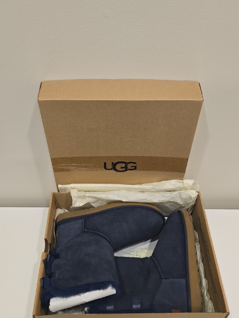 UGG Navy Short Suede Boots with Shearling Trim, 2x Bows On Each Boot - Picture 4 of 16